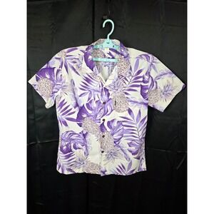 Palmwave Hawaii Shirt Mens Size L Purple White Pineapple Leaf Aloha Cotton Beach